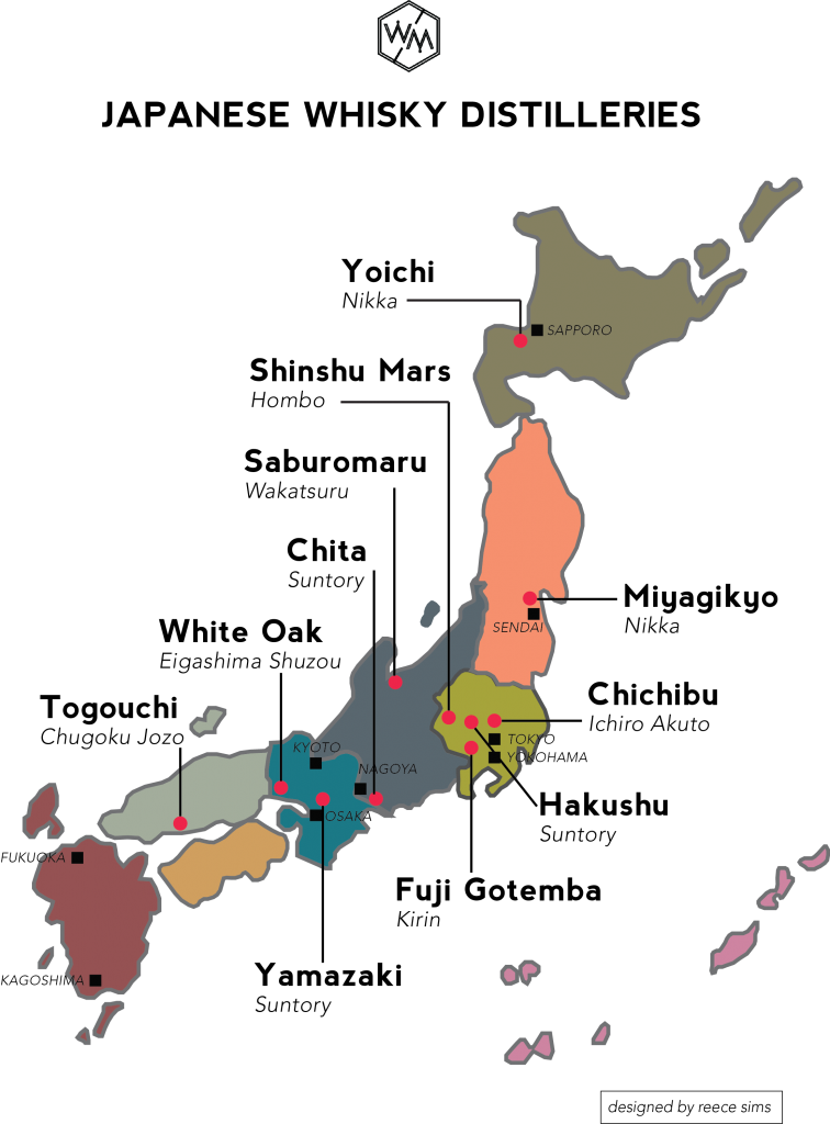 Overzichtskaart van de Japanse whisky destilleerderijen.